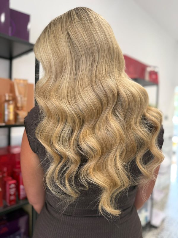 Golden blonde waves from behind, by Holly